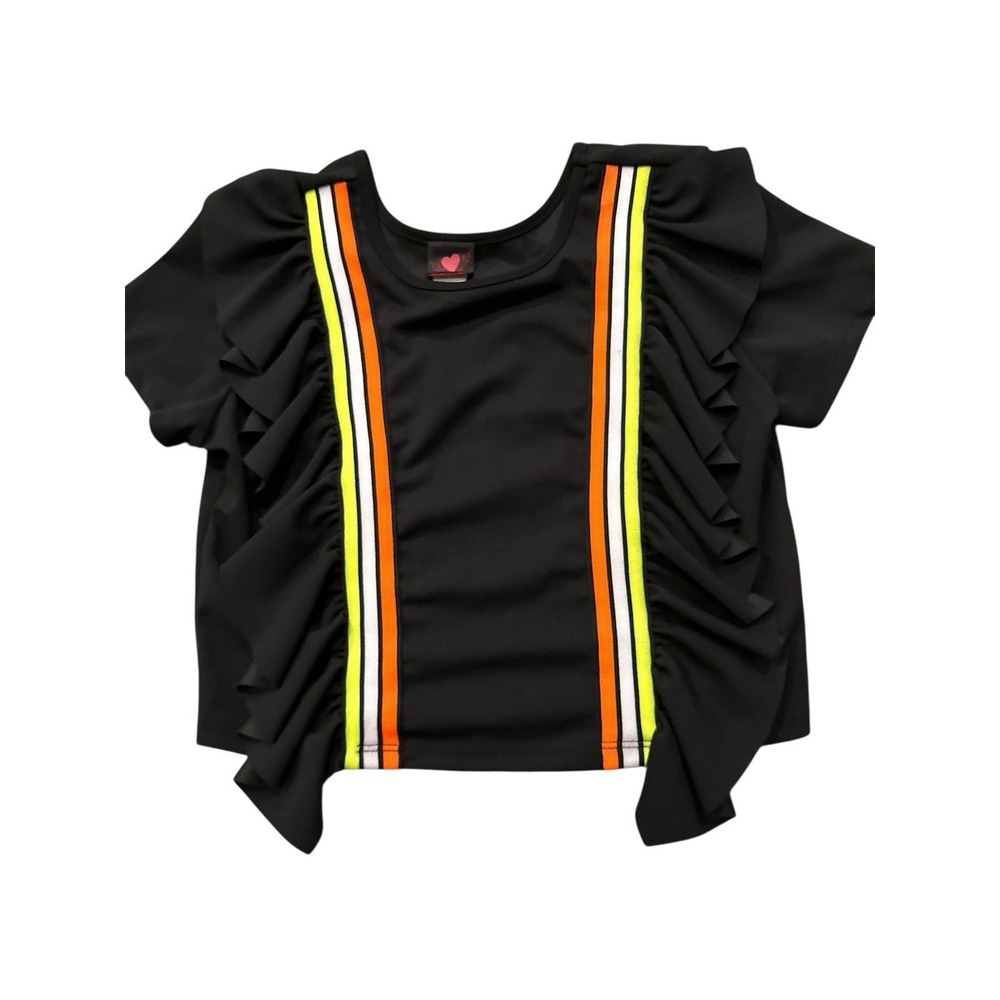 Y2K Made USA Winged Heart Neon Stripe‎ Ruched Ruffle Club Rave Top L